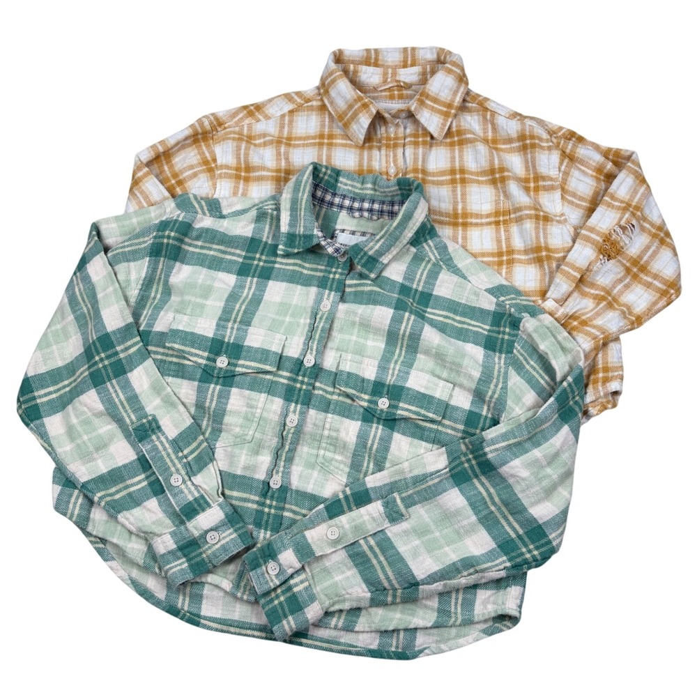 American Eagle Flannel Shirt Lot Women XS Green Yellow Plaid Grunge Boho Gorp